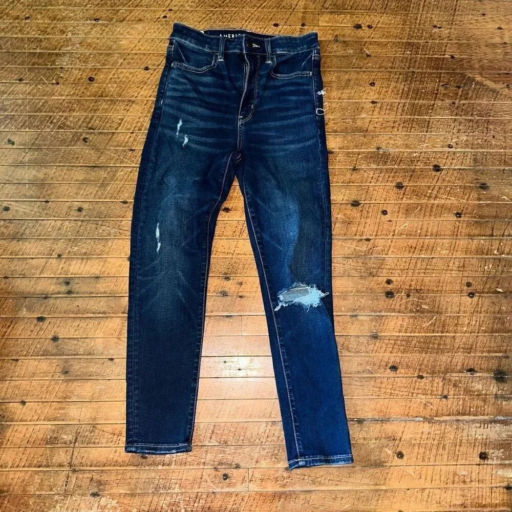 American Eagle distressed dark wash highest rise 6 short jeggings